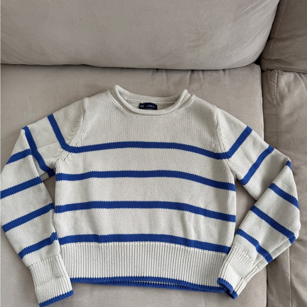Gap Striped Knit Sweater in White and Royal Blue
